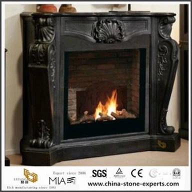 Natural Decorative Black Marble Stone Wall Fireplace with Surround